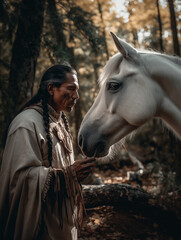 Native American man with his white horse in the forest illustrated using generative Ai
