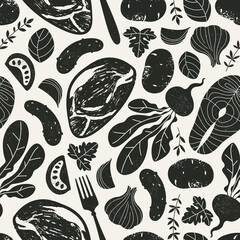 Various food. Textured silhouette seamless pattern. Groceries background. Vector illustration - obrazy, fototapety, plakaty