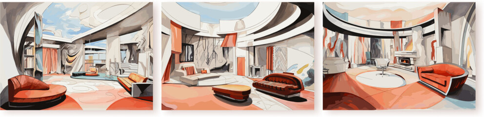 Sketch watercolor living room interiors. Simple futuristic house hall or lobby design cards. Sofas in concrete wall rooms, vector graphic in minimalism