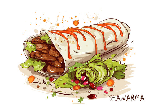 Tasty shawarma watercolor imitation drawing art. Isolated sketch souvlaki or greek roll with meat, vegetables and sauce. Street food vector graphic element