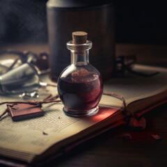 Obraz na płótnie Canvas Glass bottle with red liquid. Magical alchemy potion