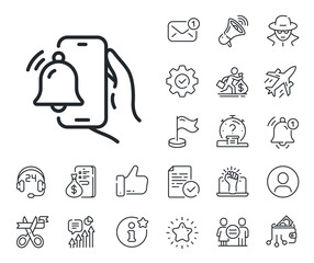 Reminder bell sign. Salaryman, gender equality and alert bell outline icons. Alarm clock app line icon. Phone notification symbol. Alarm clock line sign. Spy or profile placeholder icon. Vector
