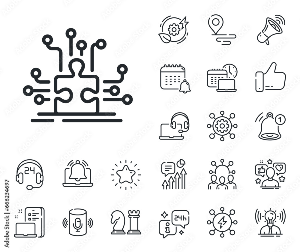 Poster decide jigsaw sign. place location, technology and smart speaker outline icons. puzzle with many opt