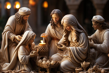 A close-up of a Las Posadas nativity scene with detailed figurines representing the birth of Jesus...