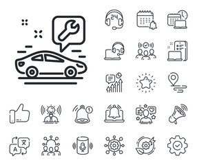 Car repair service sign. Place location, technology and smart speaker outline icons. Spanner tool line icon. Fix instruments symbol. Car service line sign. Influencer, brand ambassador icon. Vector