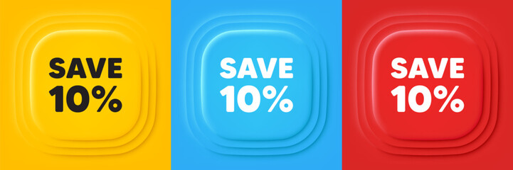 Save 10 percent off tag. Neumorphic offer banners. Sale Discount offer price sign. Special offer symbol. Discount podium background. Product infographics. Vector