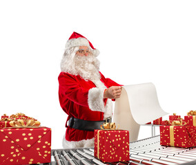 3d rendering  santa claus checking on list xmas gift boxes and wrapped on conveyor roller