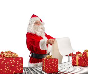 3d rendering  santa claus checking on list xmas gift boxes and wrapped on conveyor roller