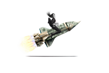 Art collage. Launch of a Money rcket with a smiling business woman. on isolated PNG Background. Successful start up concept. Leadership, leading to success or business vision concept