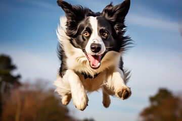 Fototapeta premium black and white border collie dog jumping with blue sky as background