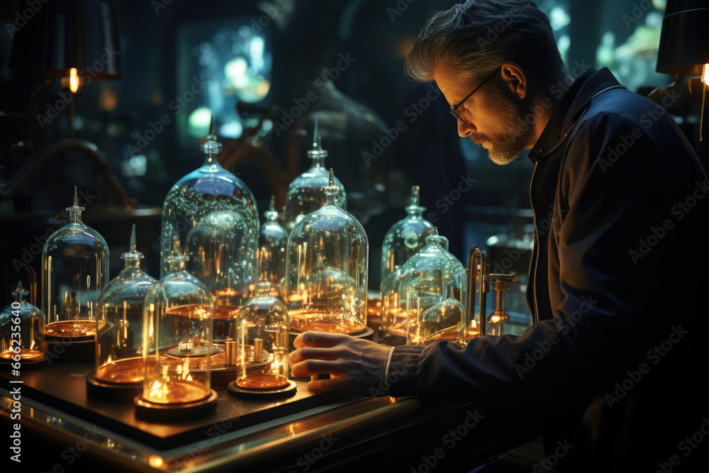Poster a scientist conducting experiments in a simulated laboratory, exploring the concept of a simulated e