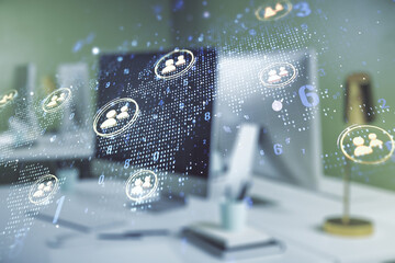 Double exposure of social network icons concept with world map and modern laptop on background. Marketing and promotion concept