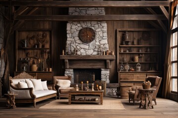 rustic living room interior with fireplace in hotel or house