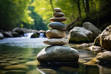Rock balancing in mountain creek. Zen stones in water on the beach. Stone balance. Mindfulness practice. Cairn building, Rock Stacking. Peace of mind and soul.
