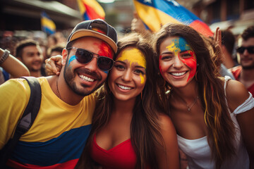 Colombian fans painted in the national colors of Colombia - obrazy, fototapety, plakaty
