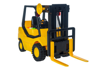 Fork lift, plastic toy transport machine with lifting load for children, isolated on white background