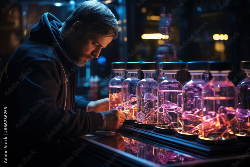 Poster a researcher using advanced dna sequencers to decode the mysteries of life's building blocks. concep