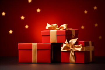 Obraz premium Christmas present gift boxes on a dark red background. 