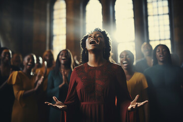 A soulful gospel choir performance in a historic church, love and creativity with copy space - obrazy, fototapety, plakaty