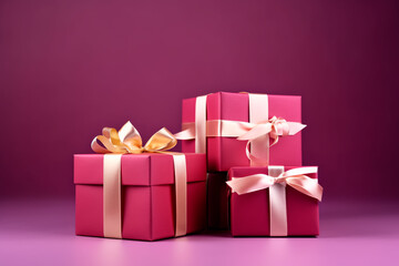 Christmas present gift boxes on a dark pink background. 