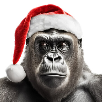 Close up portrait of funny gorilla in red Santa Claus hat isolated on white background. New Year or Christmas concept with wild zoo animal