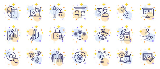 Fototapeta premium Outline set of Group, 3d chart and Medicine line icons for web app. Include Qr code, Fingerprint lock, Online video pictogram icons. Report document, Repairman, Algorithm signs. Vector