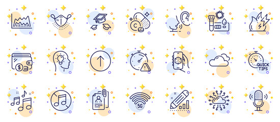 Outline set of 5g wifi, Attention and Microphone line icons for web app. Include Cloud network, Interview documents, Throw hats pictogram icons. Cloudy weather, Covid test, Medical mask signs. Vector