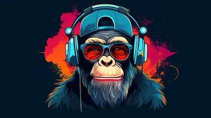 Music fan hipster monkey in headphone.