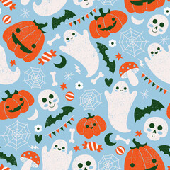 Cute halloween seamless pattern. Textured illustration of monsters. Vector illustration
