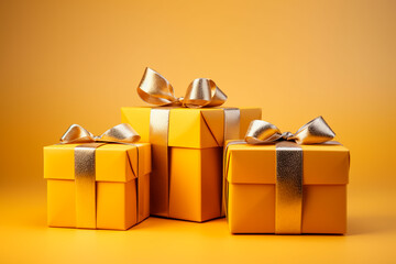 Christmas present gift boxes on a dark yellow background