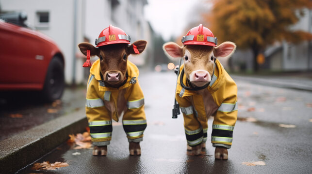 Cute cows dressed as firefighters