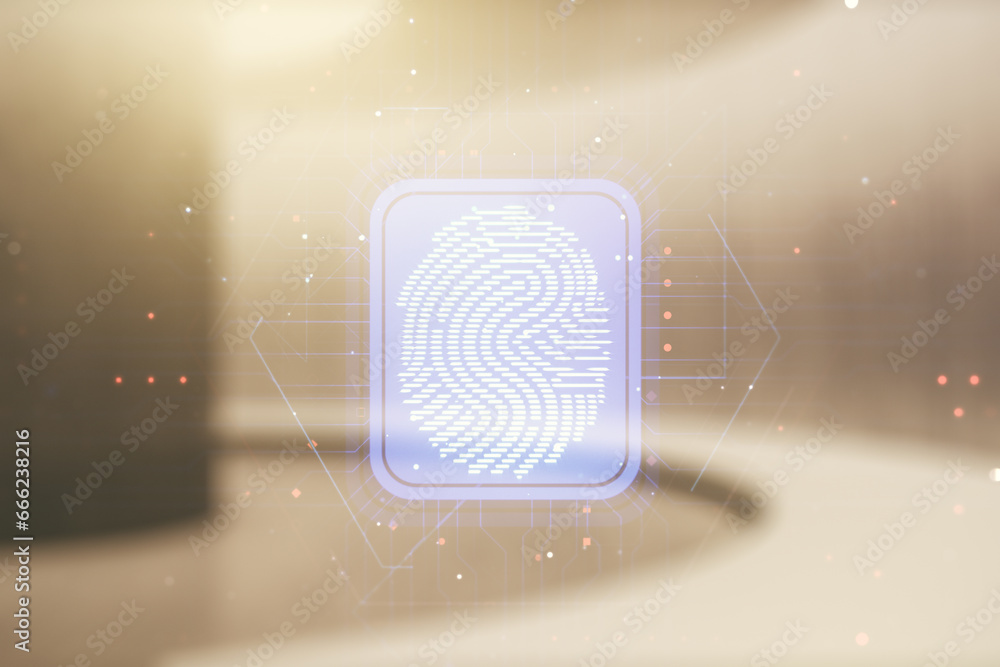 Poster multi exposure of virtual abstract fingerprint illustration on abstract empty interior background, d