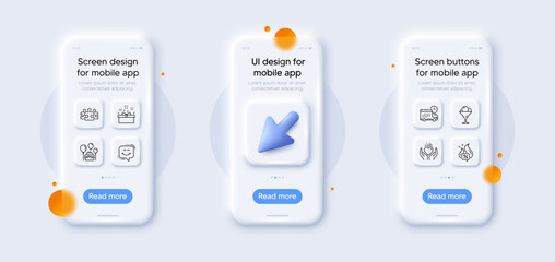 Smile chat, Delivery and Present box line icons pack. 3d phone mockups with cursor. Glass smartphone screen. Ice cream, Cake, Hold heart web icon. Puzzle, Hot offer pictogram. Vector