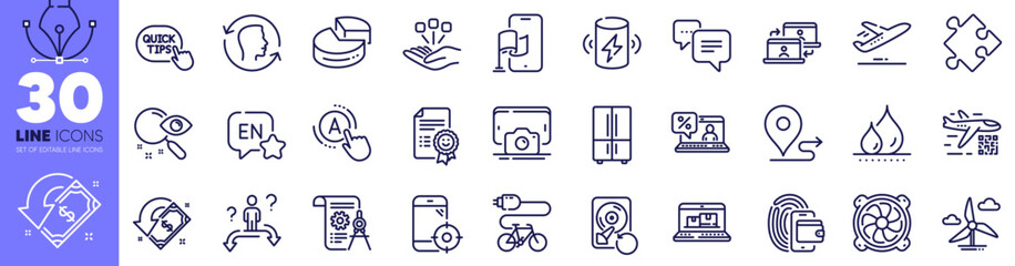 Fototapeta premium Consolidation, Phone photo and Computer fan line icons pack. Quick tips, Cashback, Web inventory web icon. English, Dots message, Refrigerator pictogram. Face id, Recovery hdd, Qr code. Vector