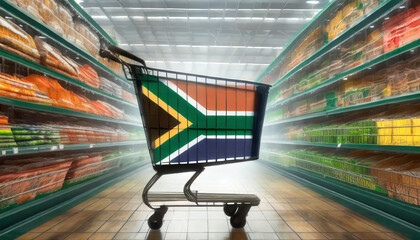 Concept of South Africa food industry or retail. Shopping cart with the South African flag. Generative AI