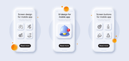 Tea cup, Plate and Water drop line icons pack. 3d phone mockups with bell alert. Glass smartphone screen. Pizza, Alcohol free, Restaurant food web icon. Orange, Fish grill pictogram. Vector