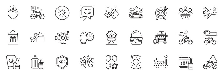Fototapeta na wymiar Icons pack as Sunscreen, Car travel and Yummy smile line icons for app include Sun protection, Airplane travel, Gas grill outline thin icon web set. Fish school, Bike, Santa boots pictogram. Vector