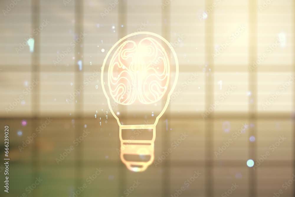 Aufkleber abstract virtual idea concept with light bulb and human brain illustration on empty corporate office