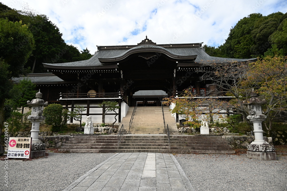 Wall mural Japan travel guide. Omi Jingu Shrine. A shrine in Otsu City, Shiga Prefecture, Japan, dedicated to Emperor Tenji. A match to determine the competitive karuta champion is held here every January.