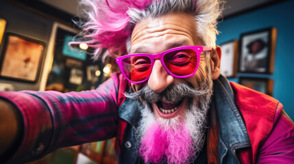 Obraz premium Cheerful elderly hispanic senior with multi-colored pink hair takes a selfie on blurred background indoor