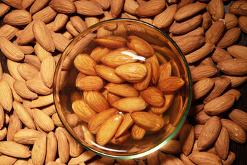 Soaked almonds in bowl, good source for protein and fiber