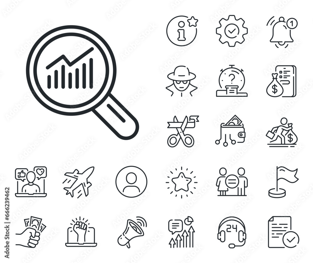 Aufkleber report graph or sales growth sign in magnifying glass. salaryman, gender equality and alert bell out