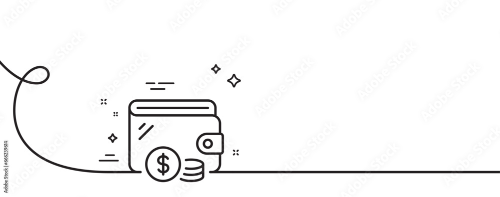 Poster wallet line icon. continuous one line with curl. dollar currency coins sign. money trade symbol. wal