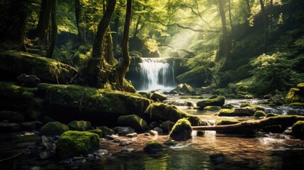 Small waterfall in moss forest. Generative AI