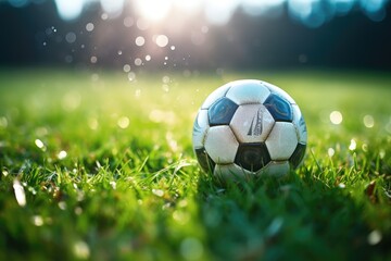 Naklejka premium Traditional soccer ball resting on grass. Generative AI
