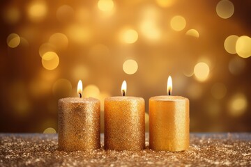 Christmas card with holiday mood. Festive burning candles. Generative AI - obrazy, fototapety, plakaty