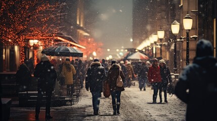 Image of people moving in crowded night city street with sopping malls. Christmas scene. Generative...