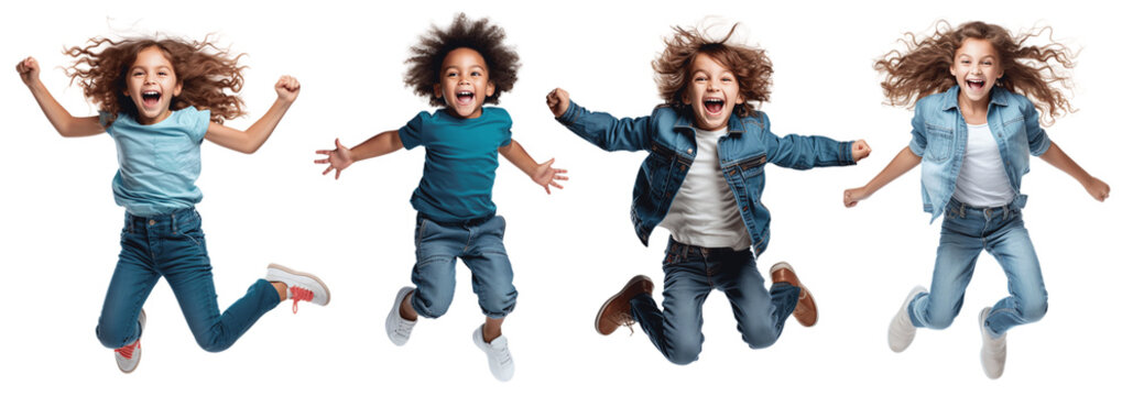 A set of cheerful young kids celebrating, isolated in transparent PNG format – a full-length studio portrait of kids jumping, laughing, and brimming with joy against a pristine white background.