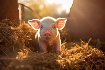 Fotobehang Young piglet on hay and straw at pig breeding farm. Generative AI © kardaska