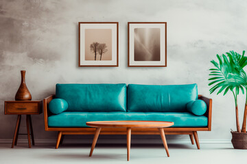 Wooden coffee table near turquoise sofa against wall modern living room designed in a midcentury